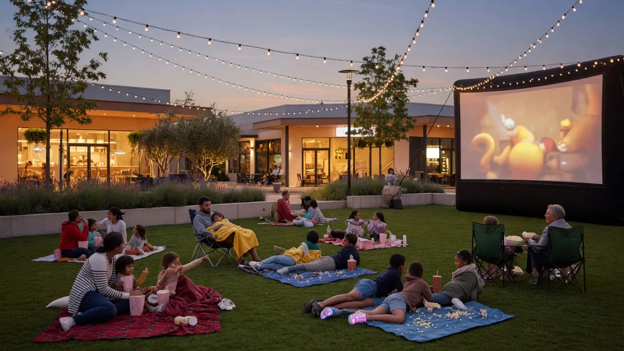 Families on picnic blankets and lawn chairs watching an outdoor movie screen on a grassy plaza at twilight with string lights above