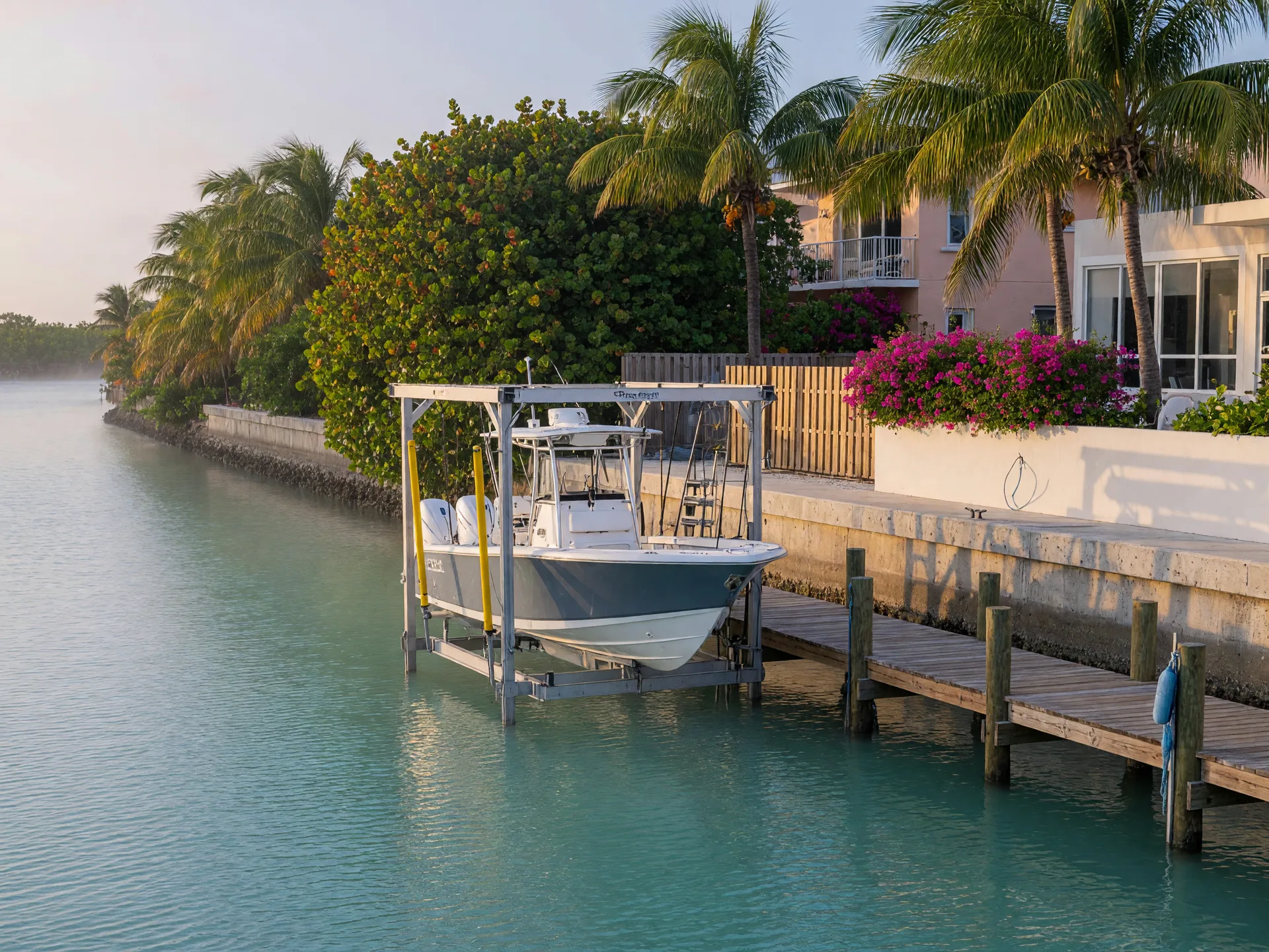 A private dock and boat lift in the Florida Keys with a center-console fishing boat, turquoise water, a concrete seawall and a luxury waterfront home visible through tropical foliage in early morning light