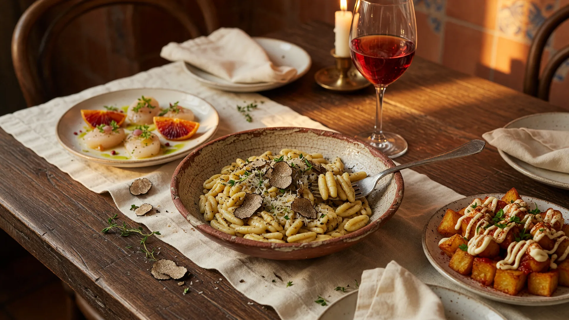 An elegant Mediterranean tapas spread at Anima by EDO featuring a handmade truffle cavatelli pasta bowl, patatas bravas, scallop crudo, and a glass of wine on a rustic table