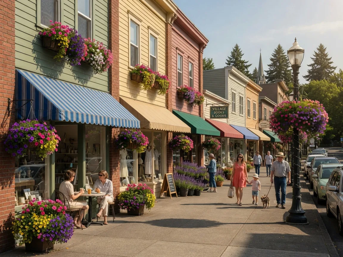 Boutiques and cafes with flower baskets along the sidewalk in Multnomah Village on a sunny afternoon