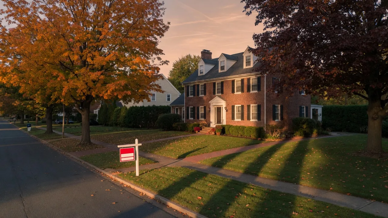 Colonial home in Delaware County with a For Sale sign in the front yard during golden hour
