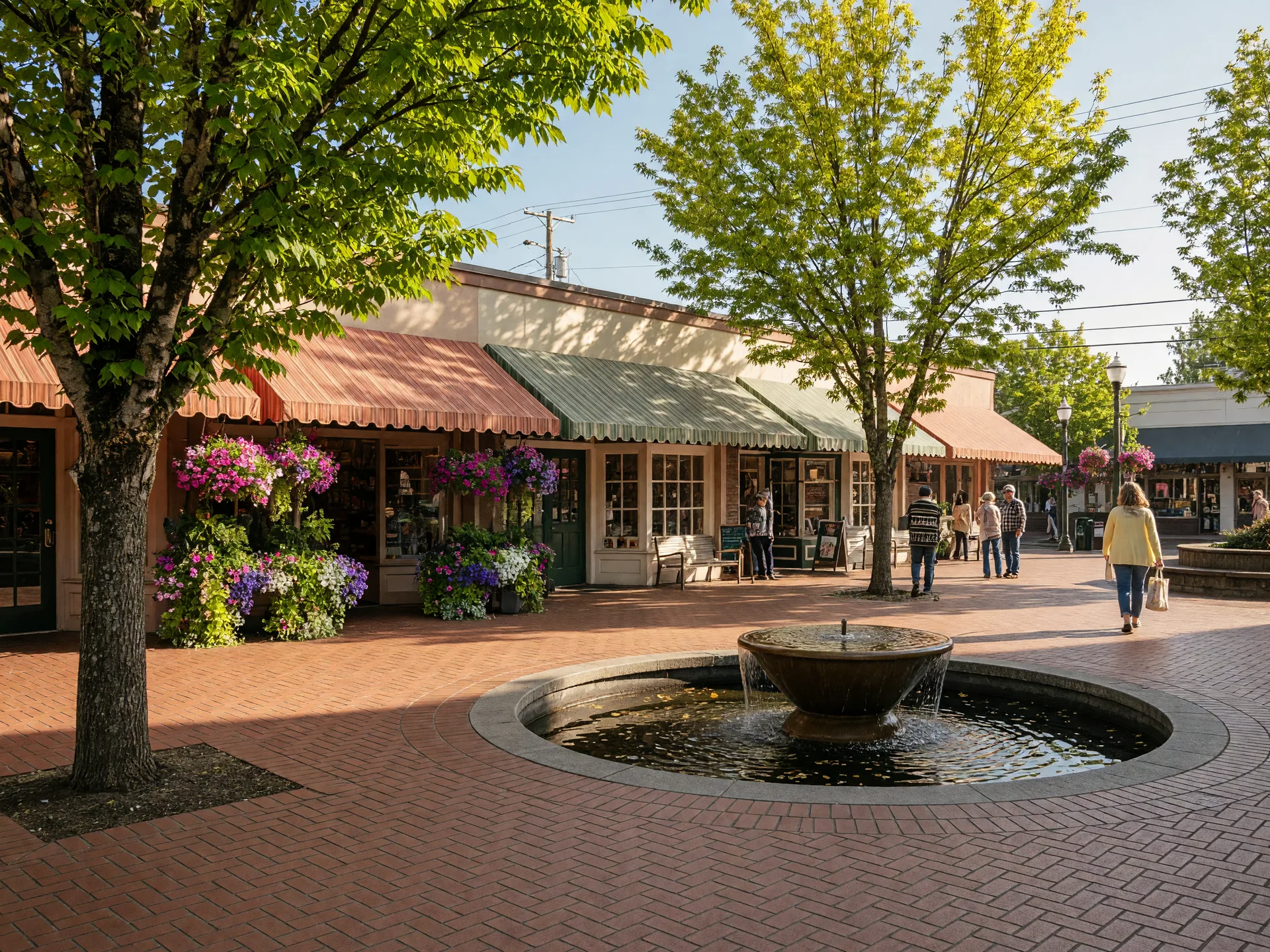 Old Town Sherwood's Cannery Square plaza with its water feature, brick walkways, and boutique storefronts on a sunny morning