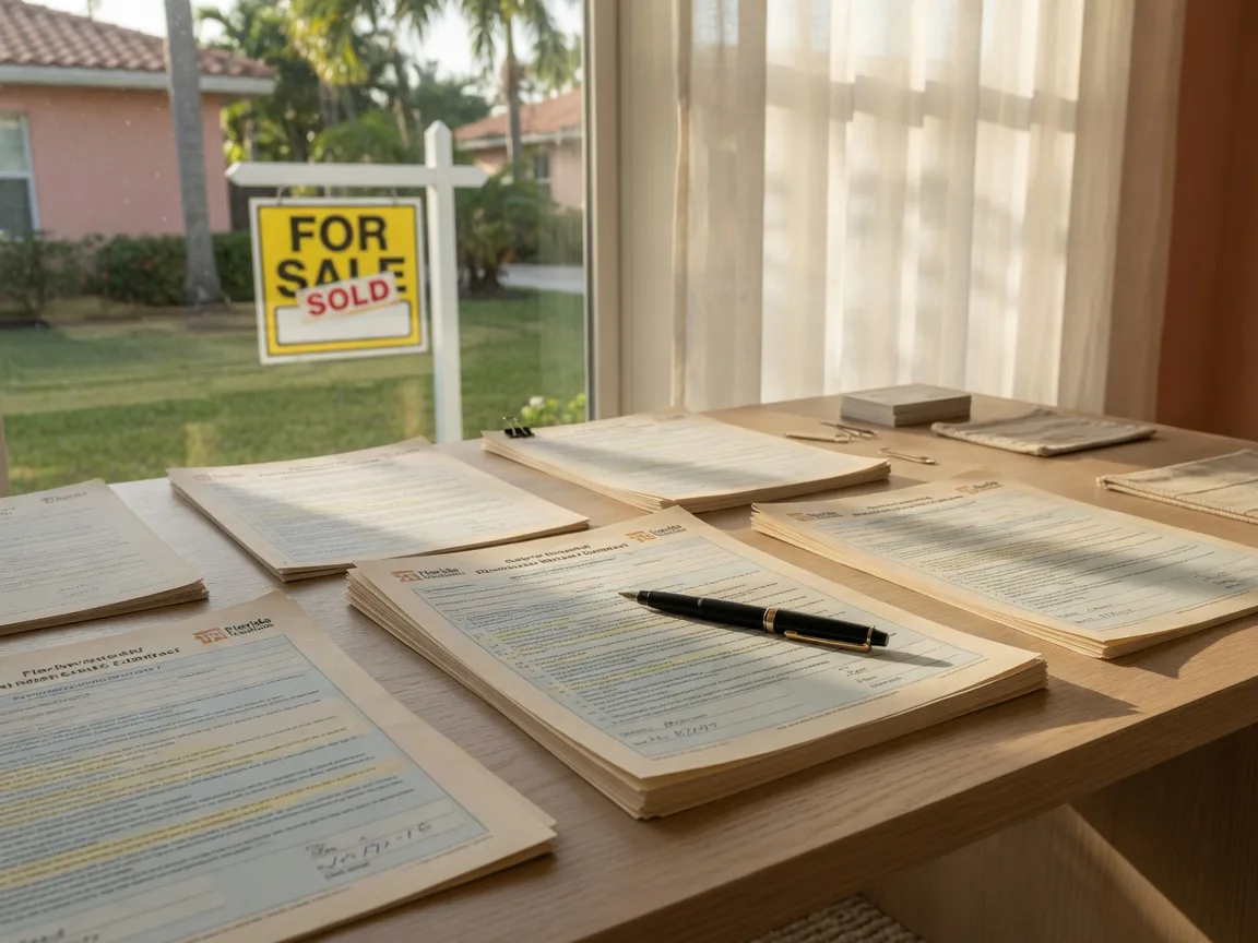 Florida real estate contract and disclosure documents on a desk