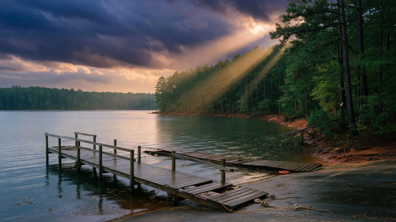 Lake Hartwell boat ramp and shoreline after a storm with dramatic clouds breaking into golden light, a wooden pier, and woodland along the water
