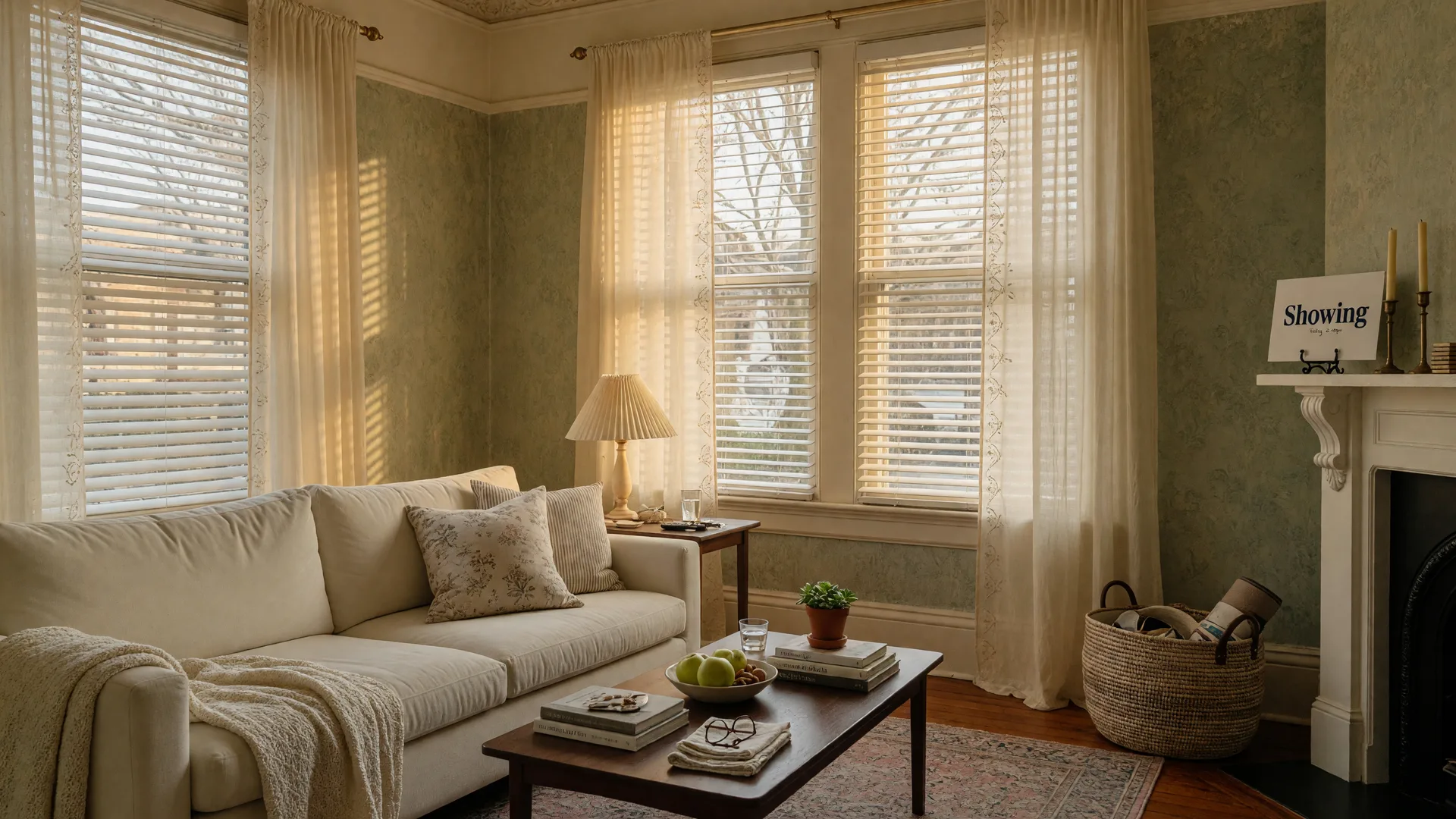 Tidy staged living room in a Victoria home being sold while the owner still lives there