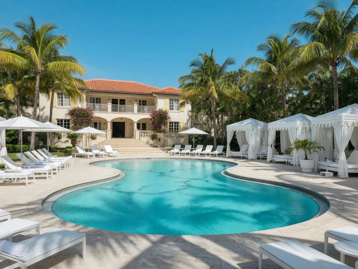 Illustrative editorial image of a resort-style South Florida community pool with palm trees, white cabanas and loungers