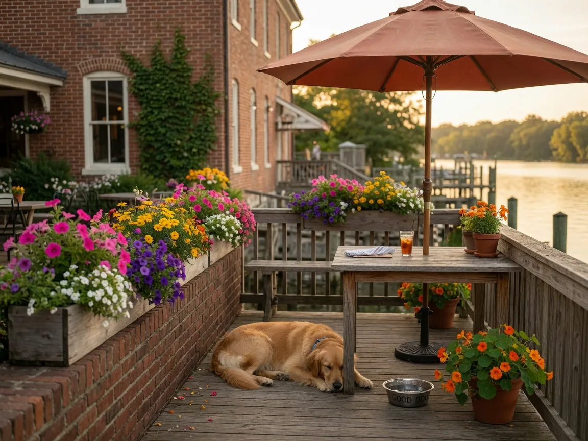 A dog-friendly waterfront patio in historic Occoquan with brick buildings, wooden deck, umbrellas, and blooming flower boxes