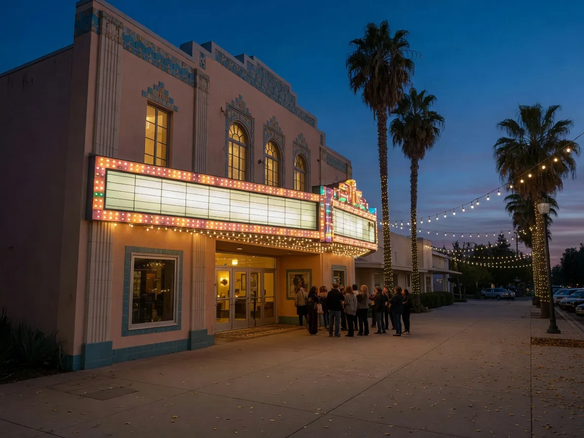 A historic small-town performing arts theater on an early-October evening, classic glowing marquee over the sidewalk, art-deco facade with warm window light, a modest line of concertgoers near the entrance, and string lights along the main street at dusk