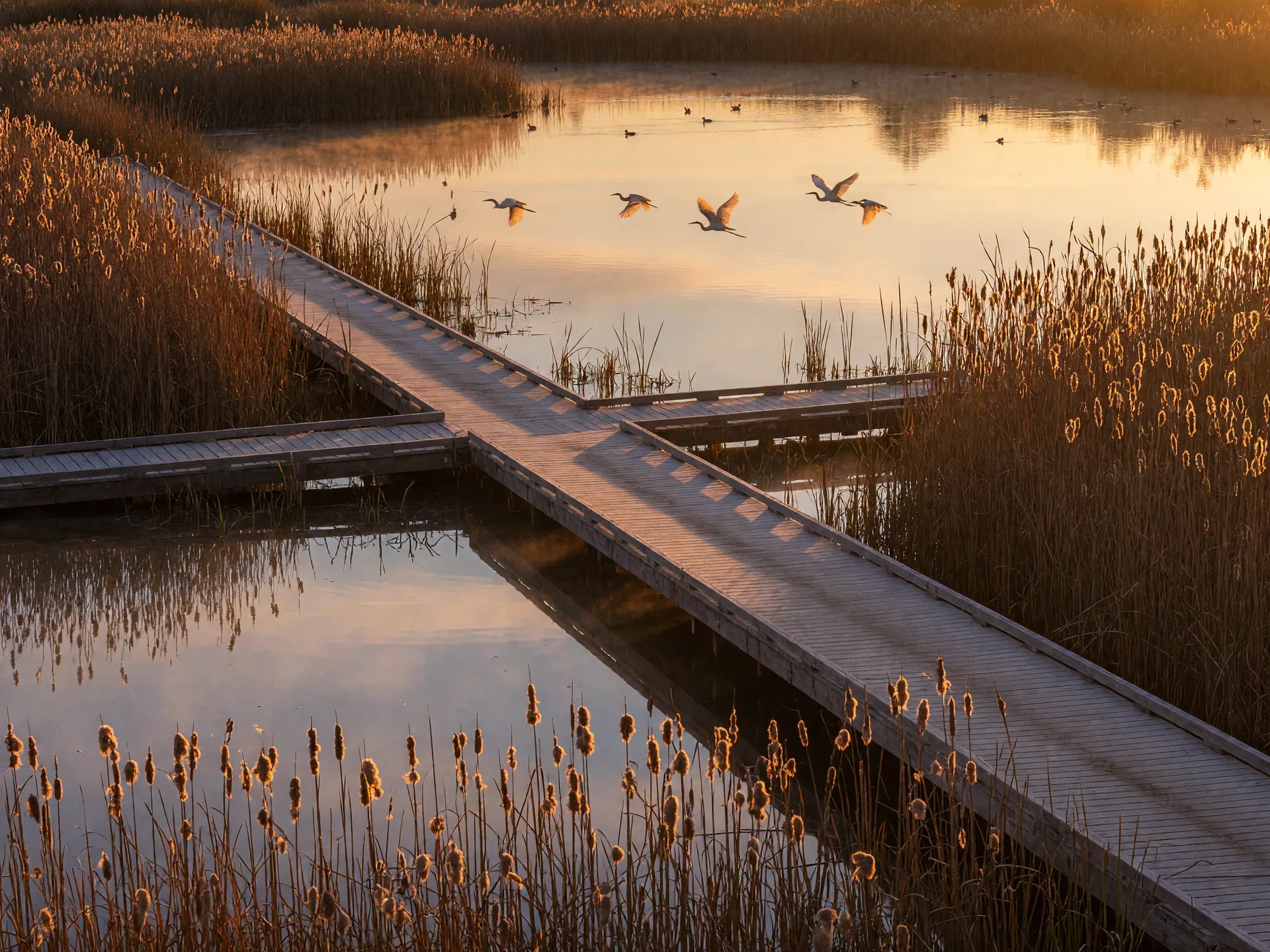 Boardwalk through the Riparian Preserve wetland with birds and golden light in Gilbert