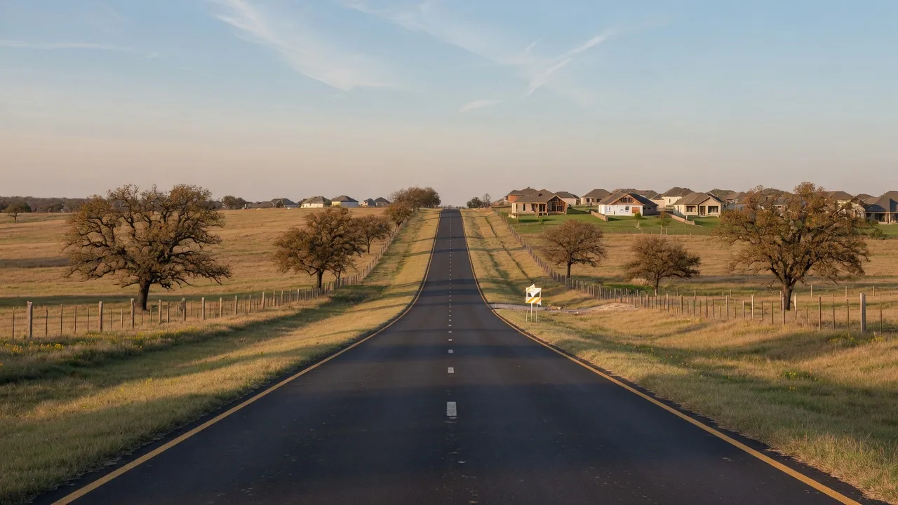 A quiet two-lane rural road through open farmland on the west side of Argyle, Texas, with distant new rooftops on the horizon