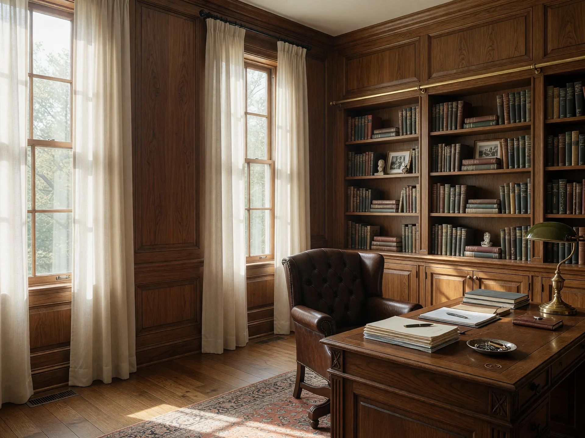 Elegant walnut-paneled study in a luxury Knoxville home with a leather chair, built-in bookshelves, a desk with a brass lamp, and soft morning light