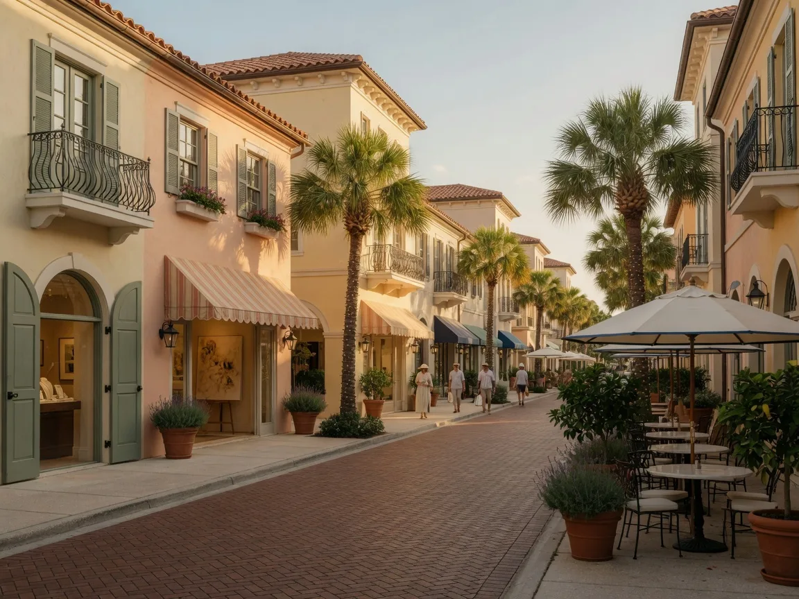 Palm-lined Fifth Avenue South in downtown Naples, Florida with brick paving, upscale boutiques, galleries, and outdoor cafes in warm late-afternoon light