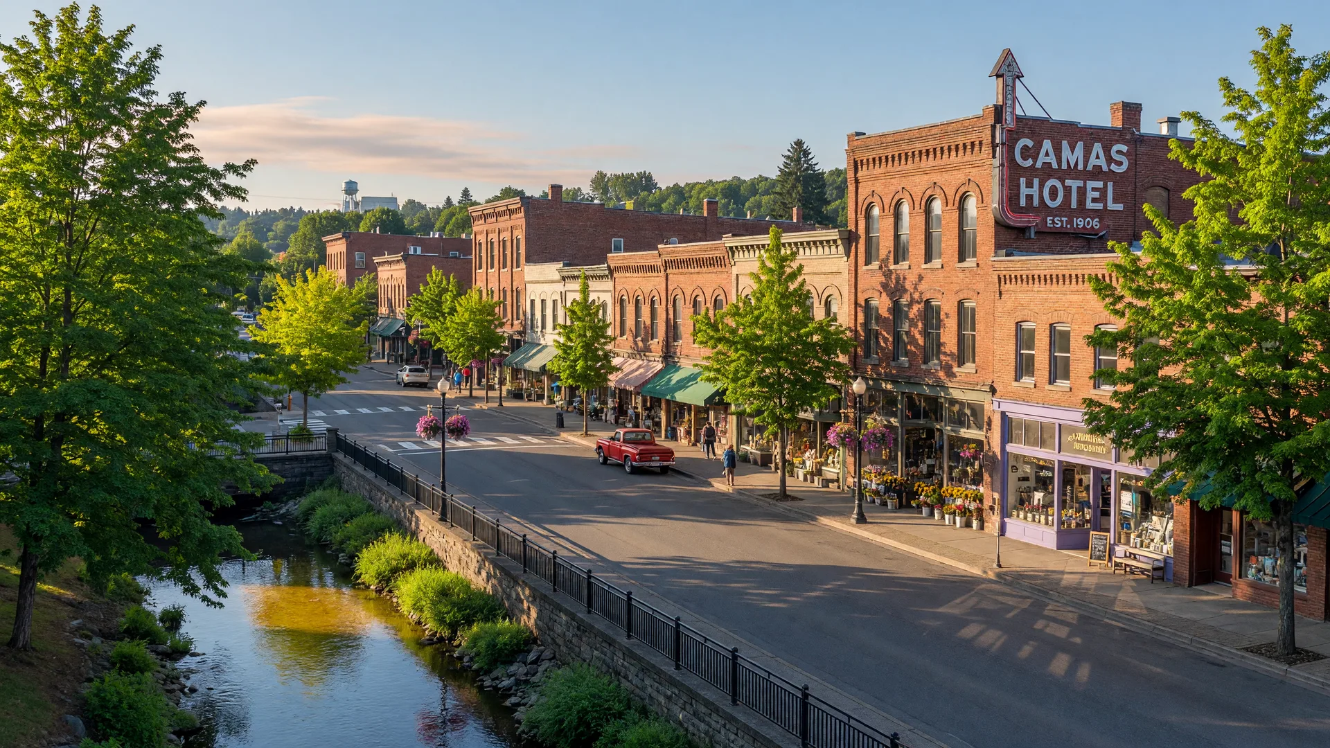 Scenic view of historic downtown Camas, Washington with charming brick buildings and tree-lined streets on a bright summer morning