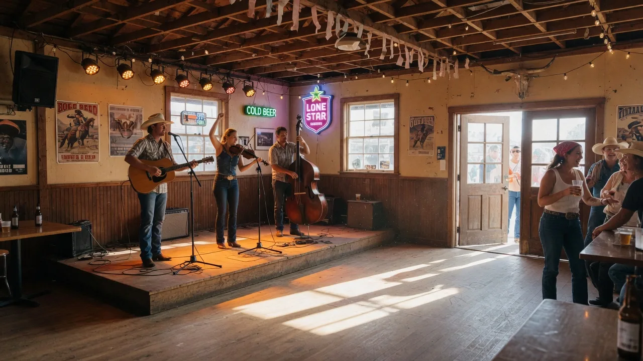 Band playing live honky-tonk music at Devil's Backbone Tavern in Wimberley