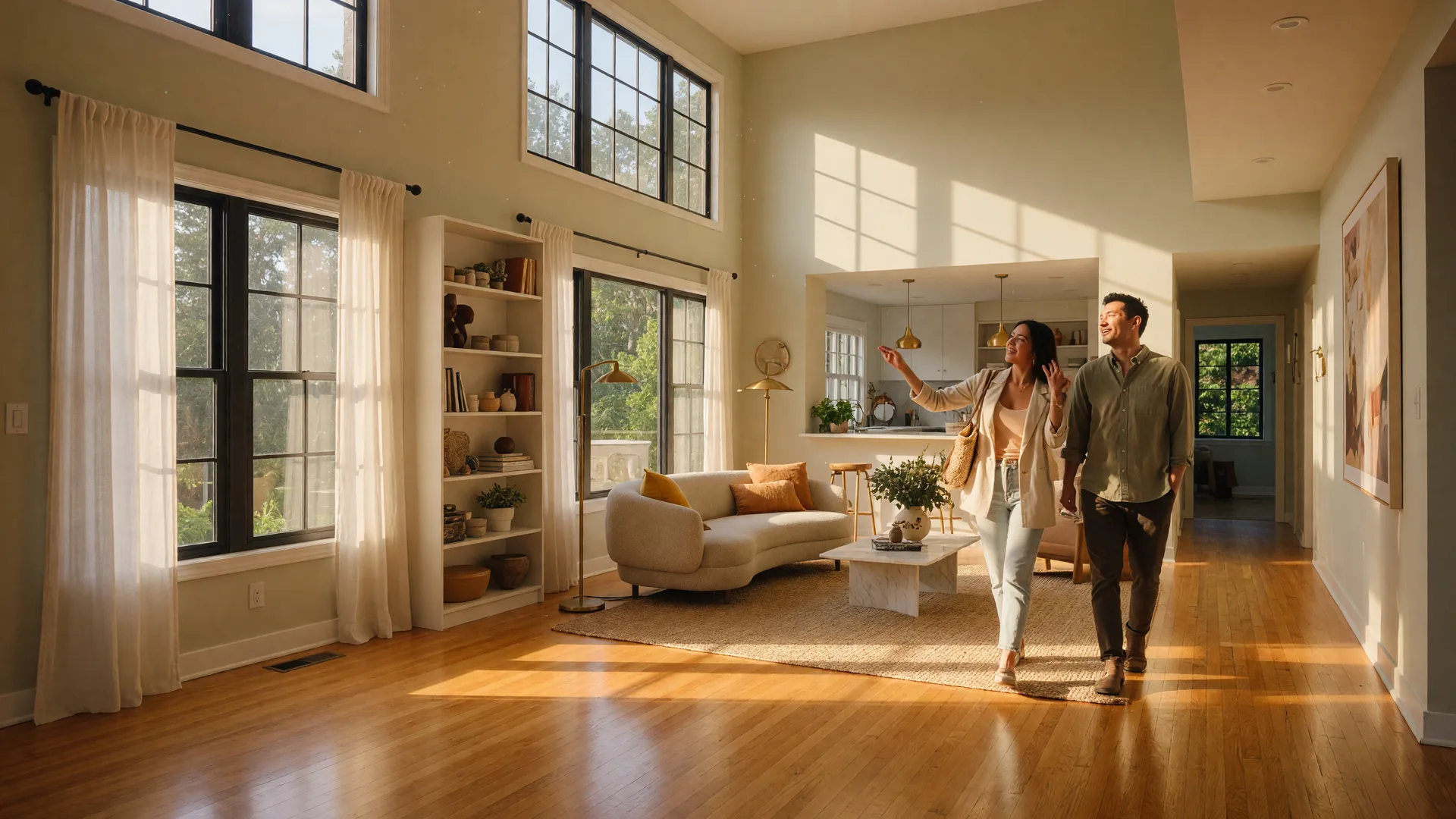 A couple walking through a sunlit living room during an open house, warm afternoon light streaming through large windows