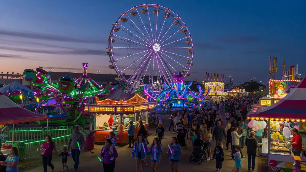 Tulsa State Fair at Expo Square with carnival midway rides, glowing lights, and families enjoying the fairgrounds at dusk
