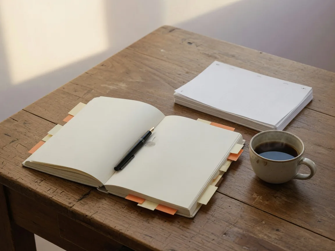 An open 90-day planner with cream and orange sticky markers, a fountain pen, and coffee on a worn oak desk