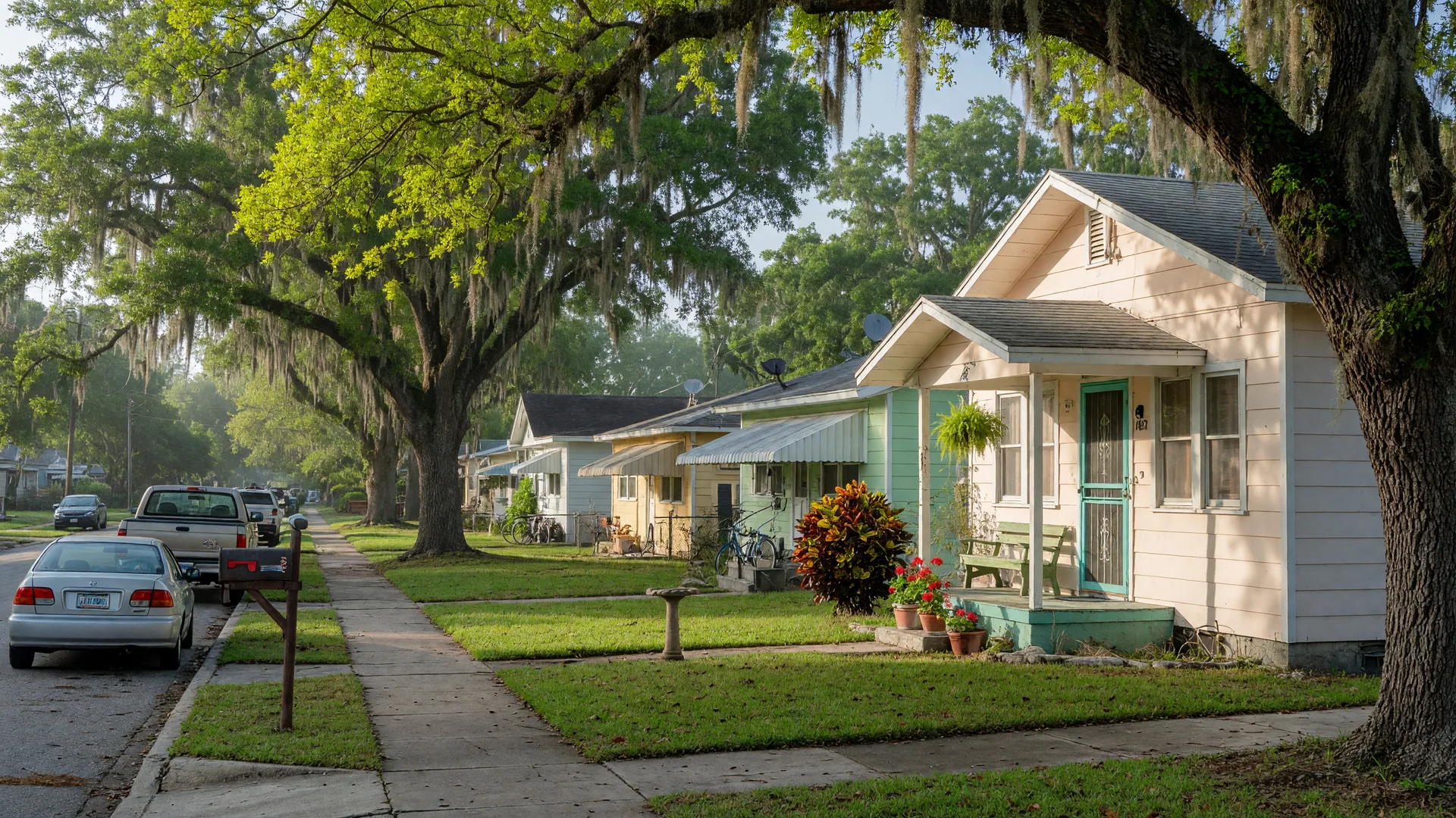 A modest 1940s pastel bungalow with a small front porch in an affordable New Port Richey neighborhood, framed by live oaks with Spanish moss in warm morning light