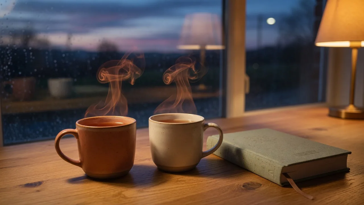 Two ceramic mugs of tea beside a closed book on an oak table in amber lamplight