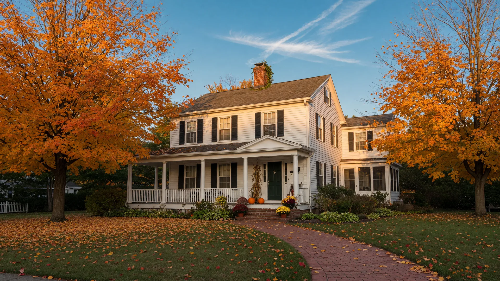 A classic Northern New Jersey colonial home in early autumn with the first orange and gold leaves on the maples