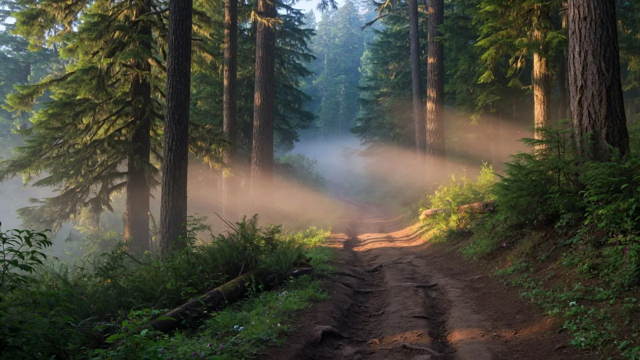 A scenic view of a historic trail through Oregon forest with morning mist lifting through the trees