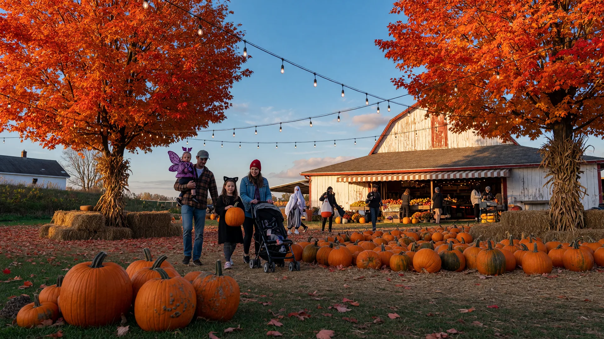 Late-October fall festival scene in a Northeast Ohio town at golden hour, families in light Halloween costumes at a pumpkin patch with hay bales, corn stalks, and string lights in sugar maples at peak color