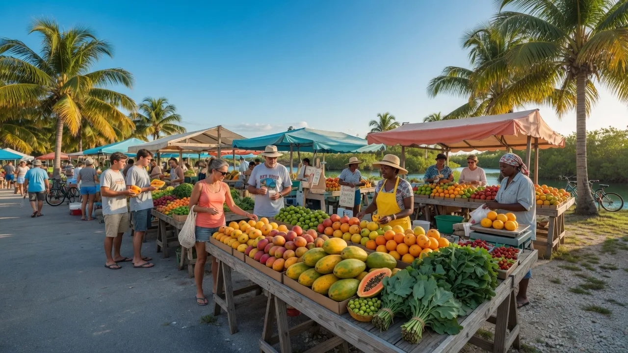 Saturday morning farmers market in the Upper Florida Keys with wooden stalls displaying fresh tropical fruits and local produce, shoppers browsing in casual attire under a blue sky with palm trees