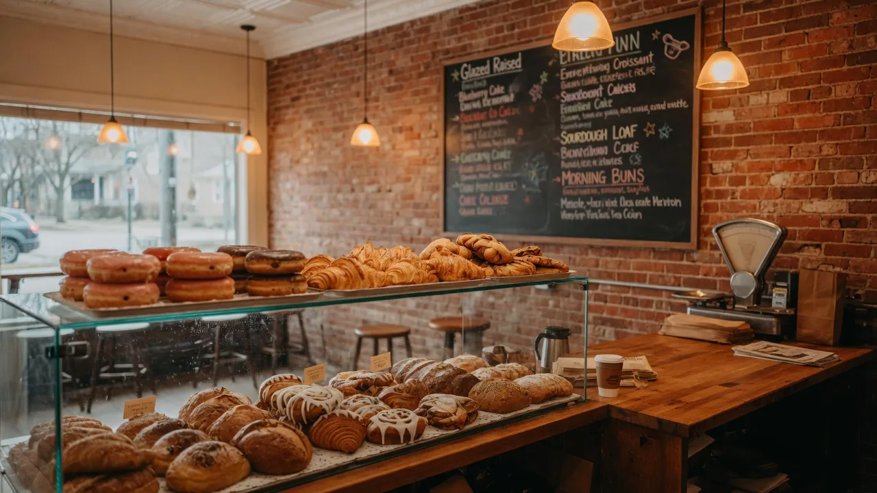 Cozy artisan bakery interior with glass display cases of fresh donuts, croissants, and pastries in a charming downtown setting