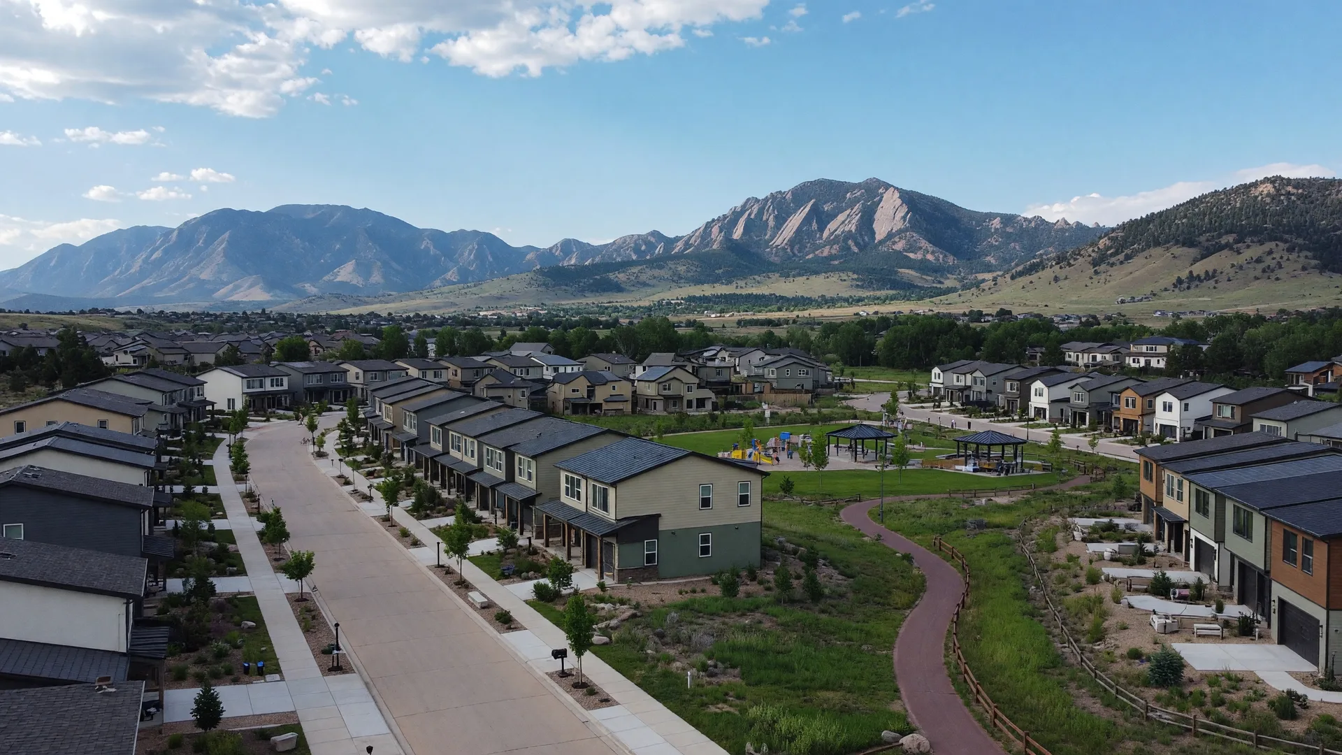 Modern planned community in Superior Colorado with contemporary homes, parks, and Flatirons views