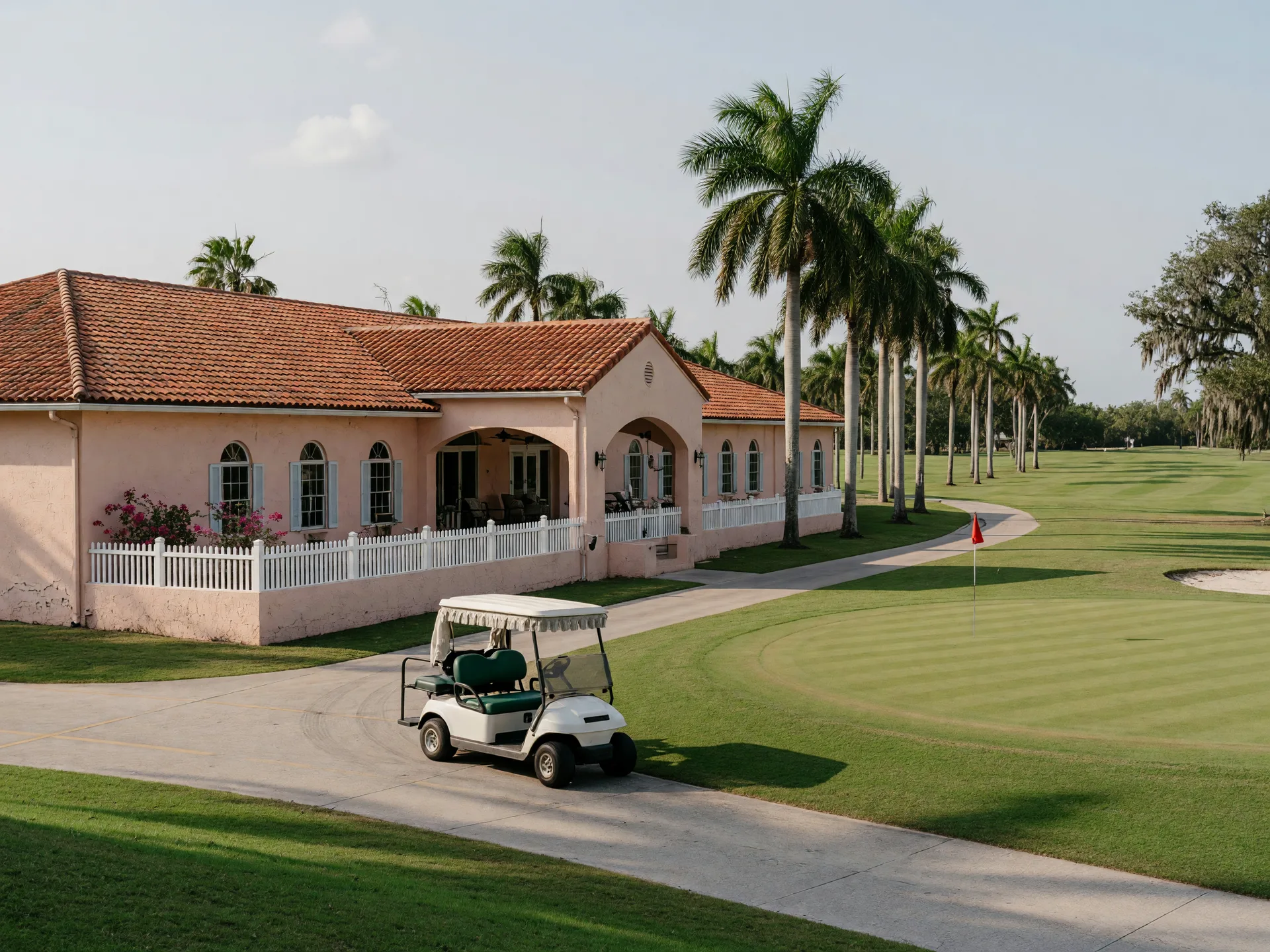 A Gulf Coast country club clubhouse with a terracotta roof and arched windows overlooking a putting green and a palm-lined fairway