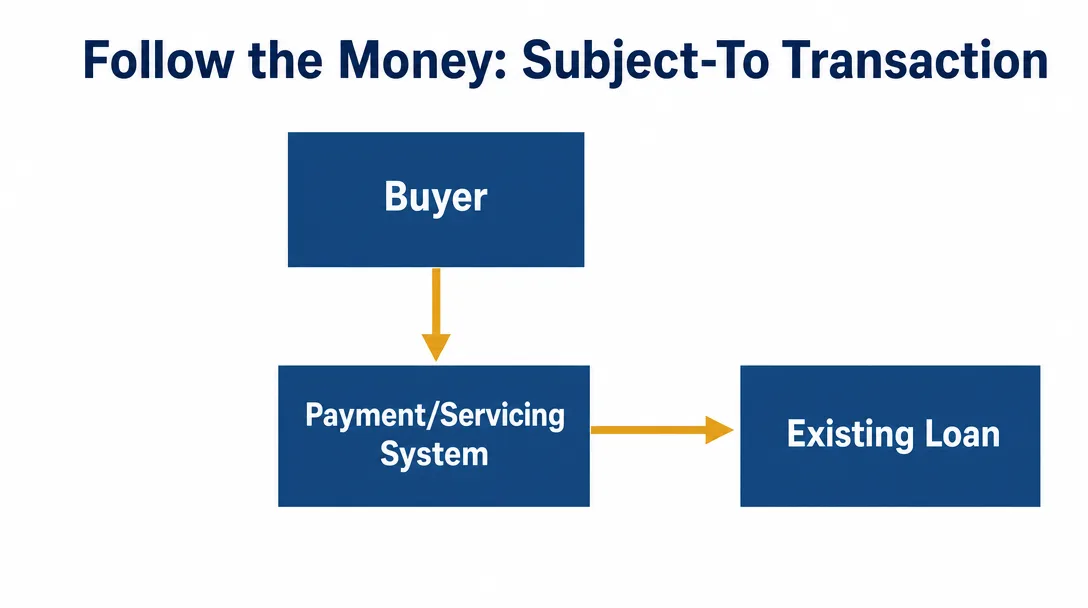 Follow the Money: Subject-To Transaction diagram showing Buyer to Payment/Servicing System to Existing Loan