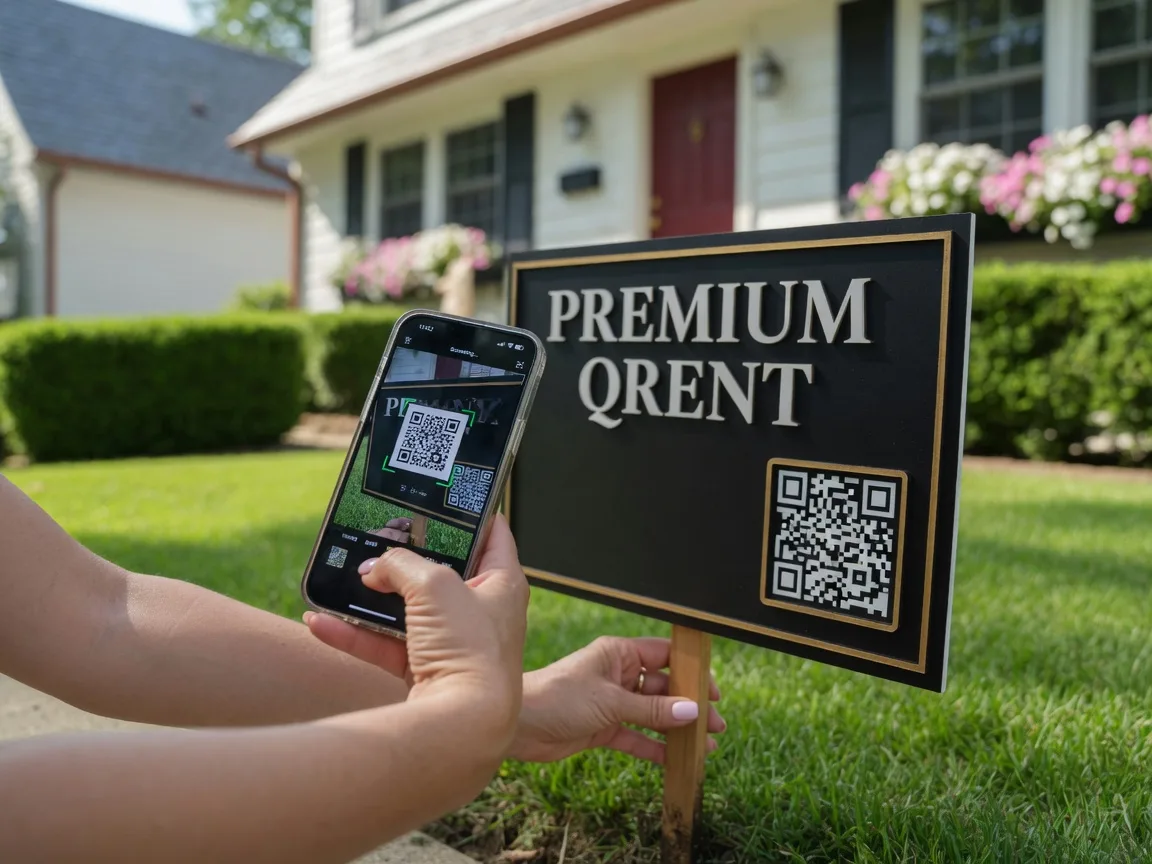 Real estate yard sign with QR code being scanned by a smartphone in front of a home