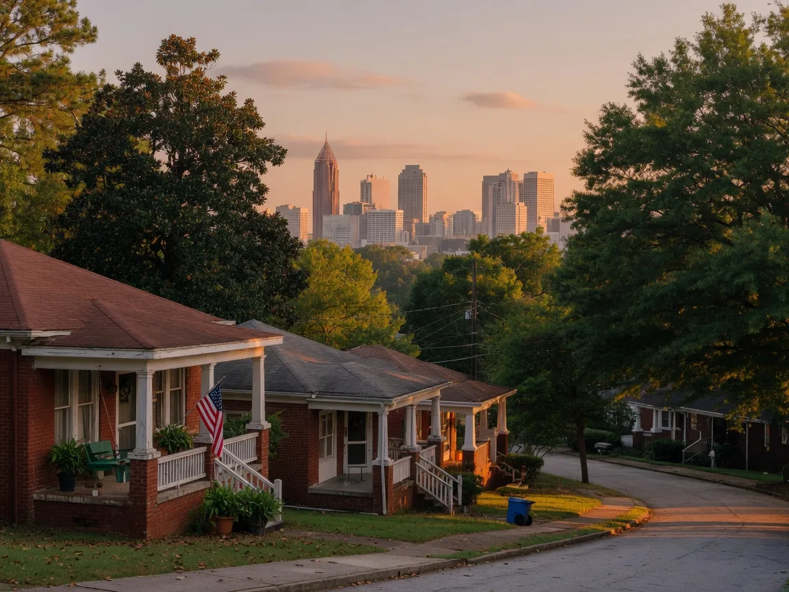 Classic brick bungalows in an intown Fulton County neighborhood with the Atlanta midtown skyline beyond the trees