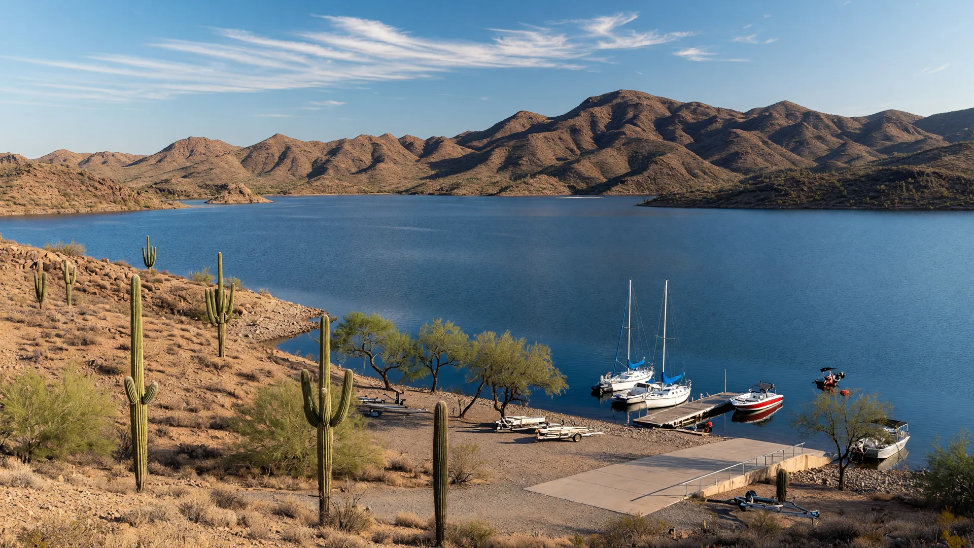 A desert reservoir with boats on the water and mountains in the distance