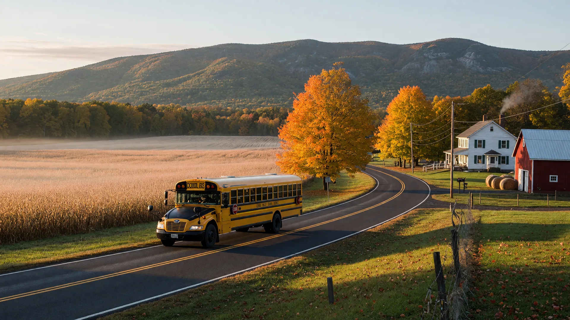 A yellow school bus on a two-lane country road lined with gold and orange sugar maples in rural Lehigh County on a crisp October morning, with the Blue Mountain ridge on the horizon