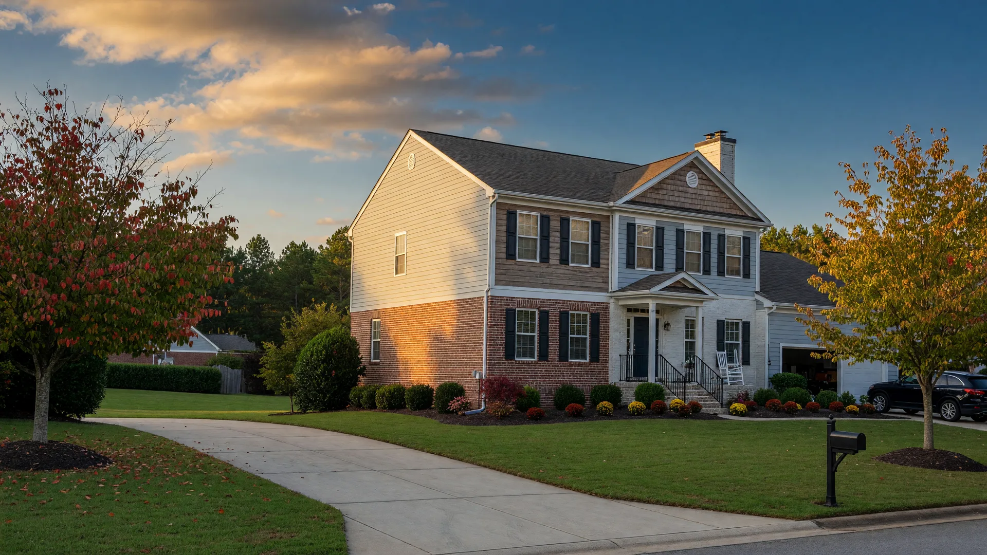 Two-story Triangle-area family home at golden hour in early autumn, where the legacy 6% commission model is giving way to zero listing commission
