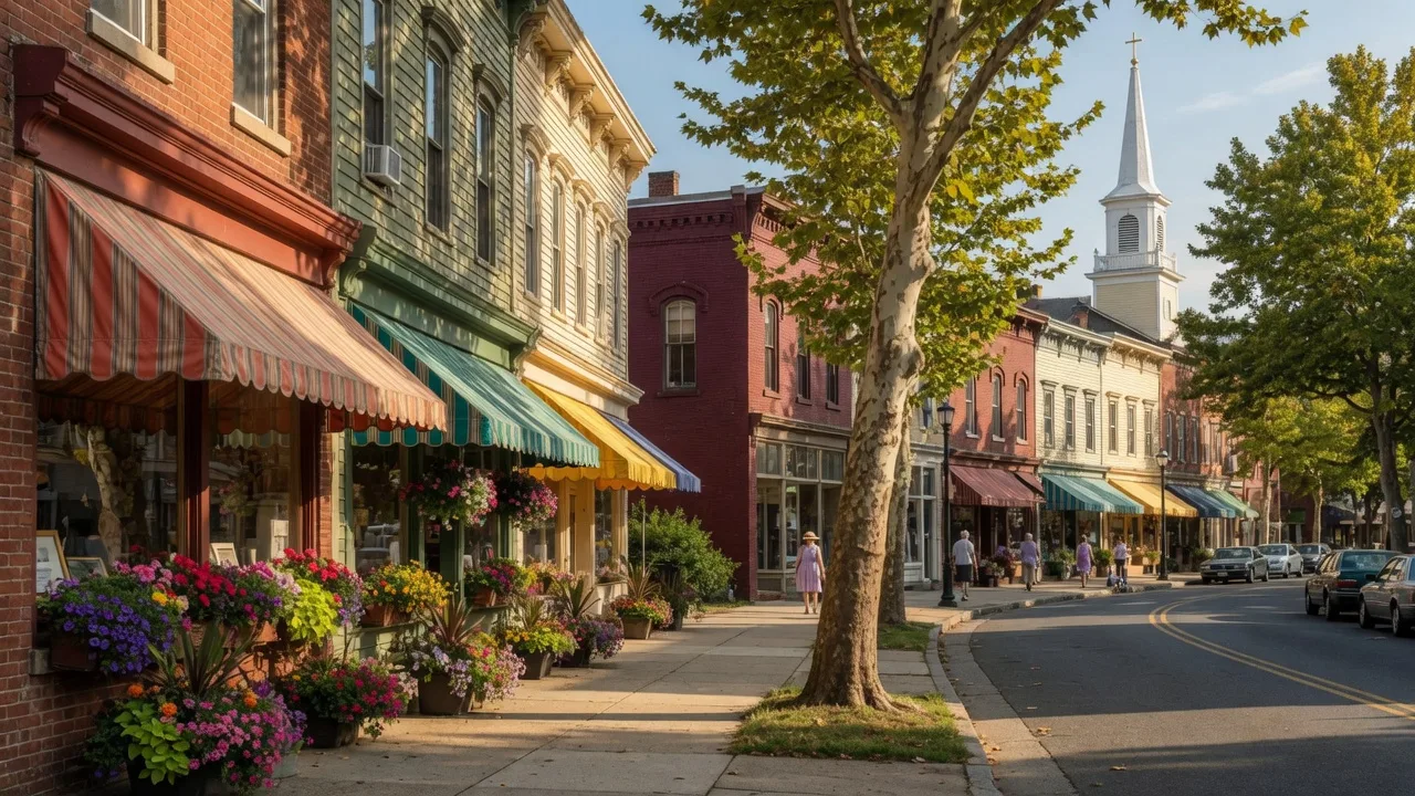 Bordentown NJ historic downtown with 1800s brick storefronts along a tree-lined Farnsworth Avenue on a warm late-summer afternoon