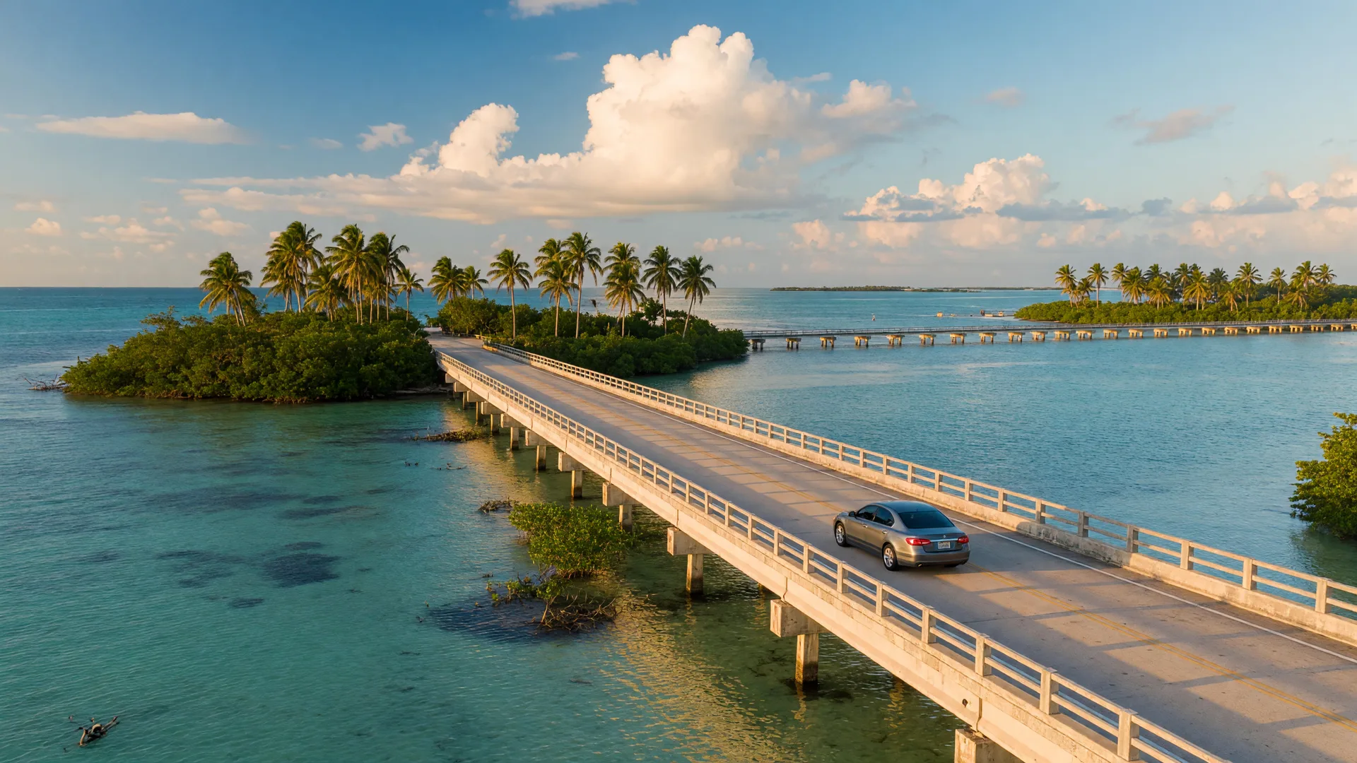 Aerial view of the Florida Keys Overseas Highway crossing turquoise water with a car driving over one of the iconic bridges, tropical shoreline in the distance