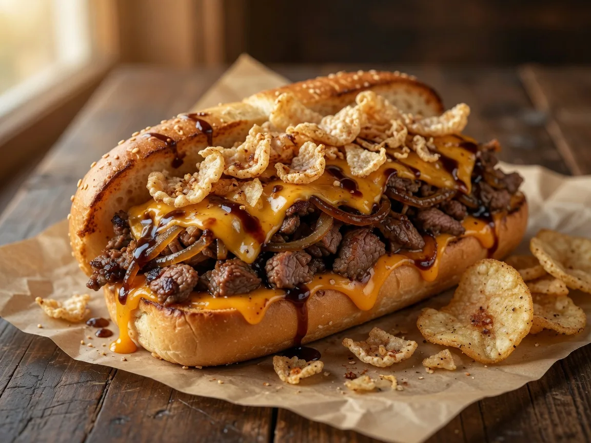 The Tannery Chopped Cheese sandwich at Main St. Deli in Buford Georgia, chopped Angus beef with caramelized onions and melted cheddar on a grilled hoagie roll with balsamic glaze and crushed chicharrones
