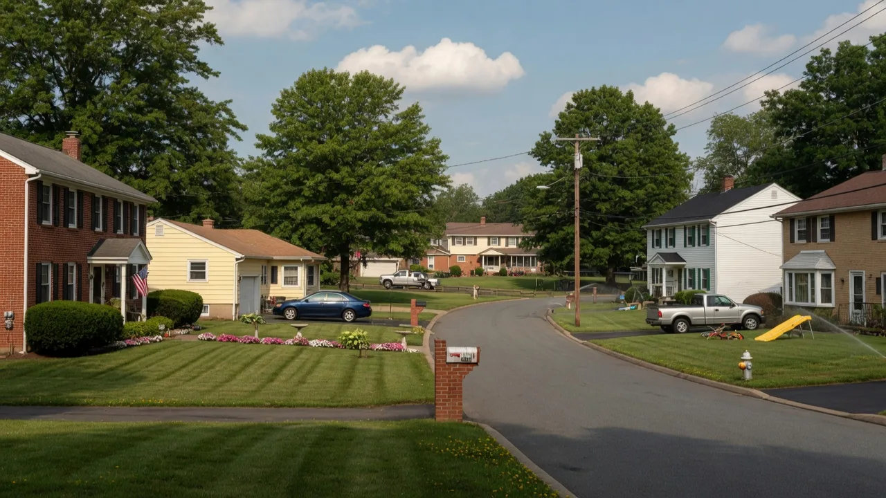 Suburban residential street in Broomall Pennsylvania with colonial and ranch homes