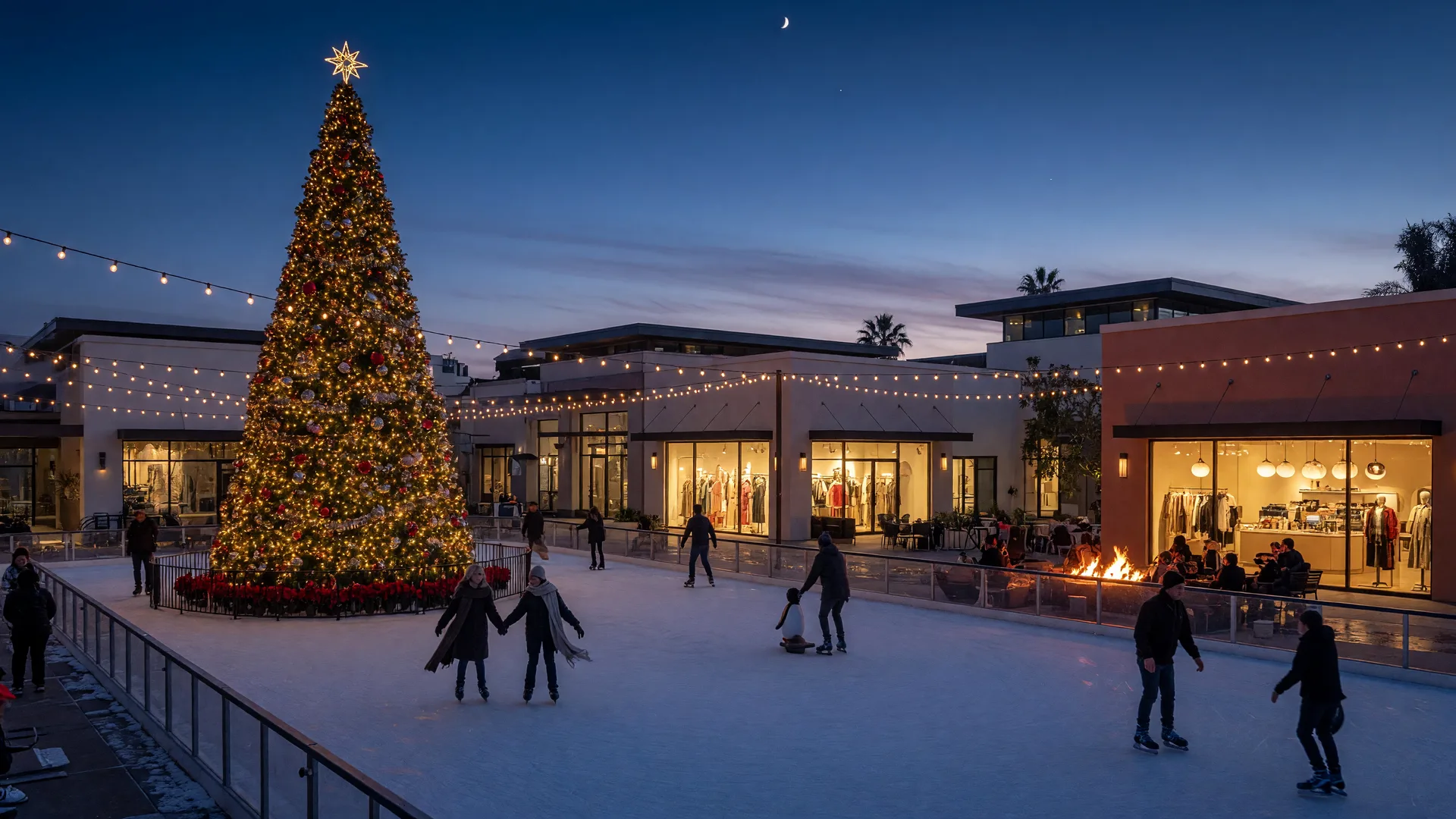 An outdoor holiday ice rink at a modern California town center at dusk, with a large glowing Christmas tree, string lights between contemporary buildings, and distant skaters on the ice