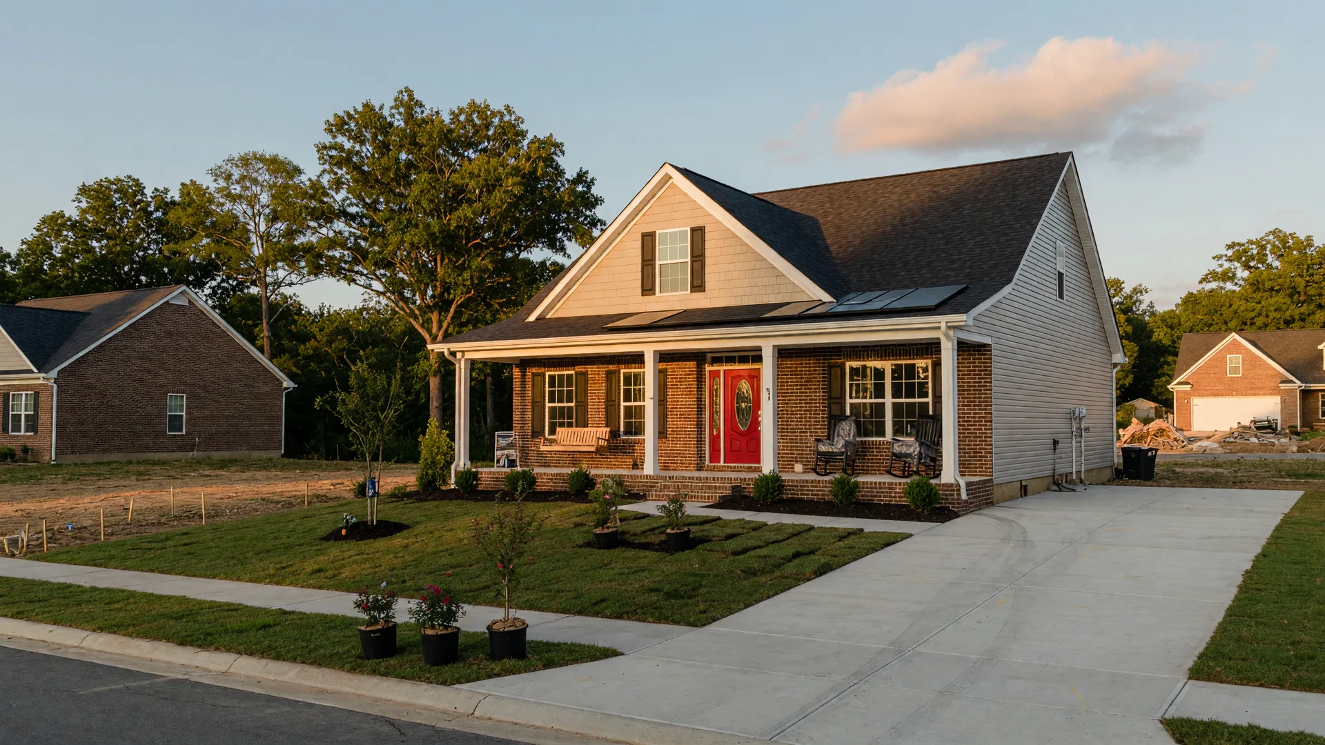 A freshly built brick-and-siding home in a Kentucky subdivision at golden hour