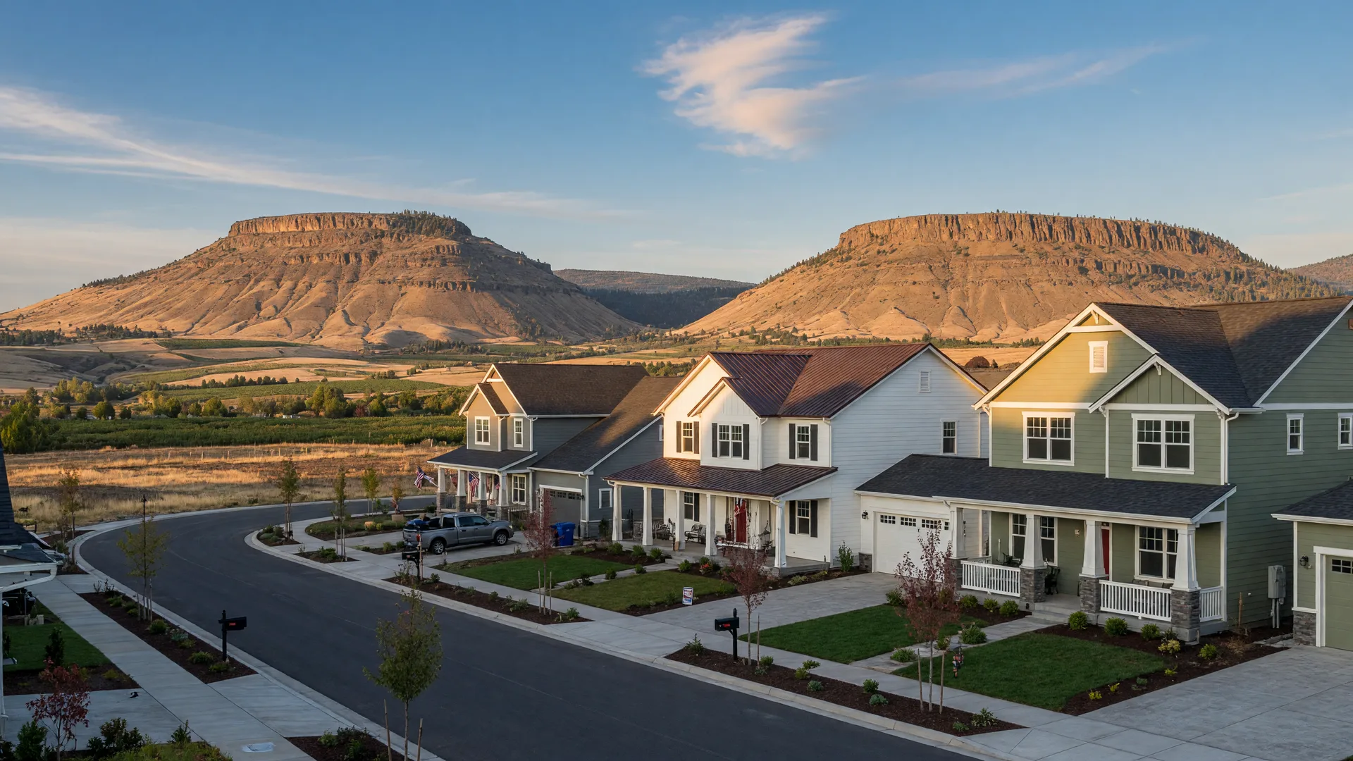 New single-family homes in the Holt Homes community at Poppy Ridge Drive in Eagle Point, with Table Rock in the distance