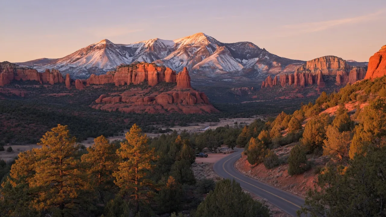 Northern Arizona landscape showing Sedona red rocks and San Francisco Peaks with pine forests and winding roads