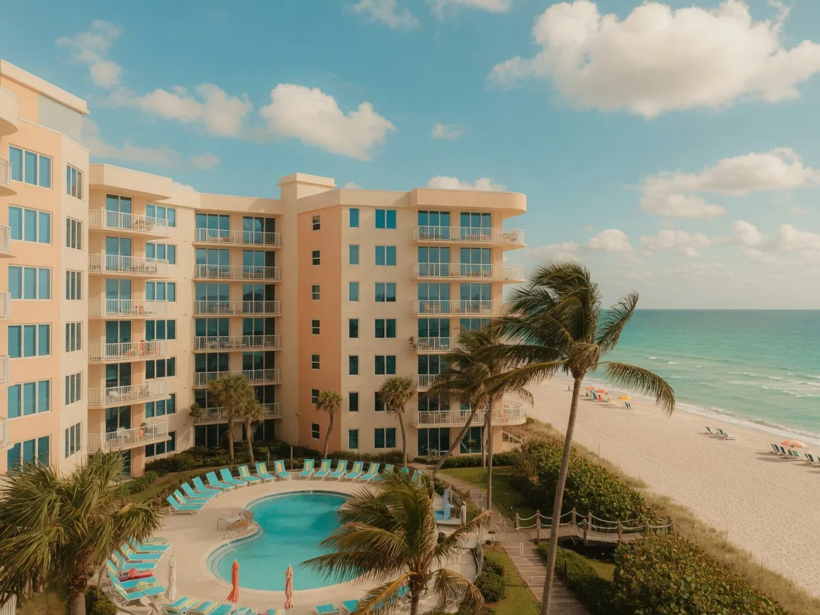 Modern affordable beach condo complex near the Florida coast with pool and ocean views