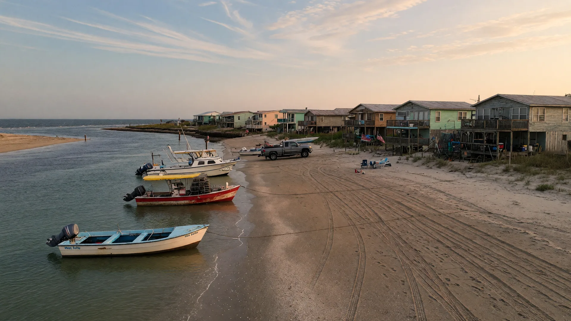 A small fishing village beach where the San Bernard River meets the Gulf