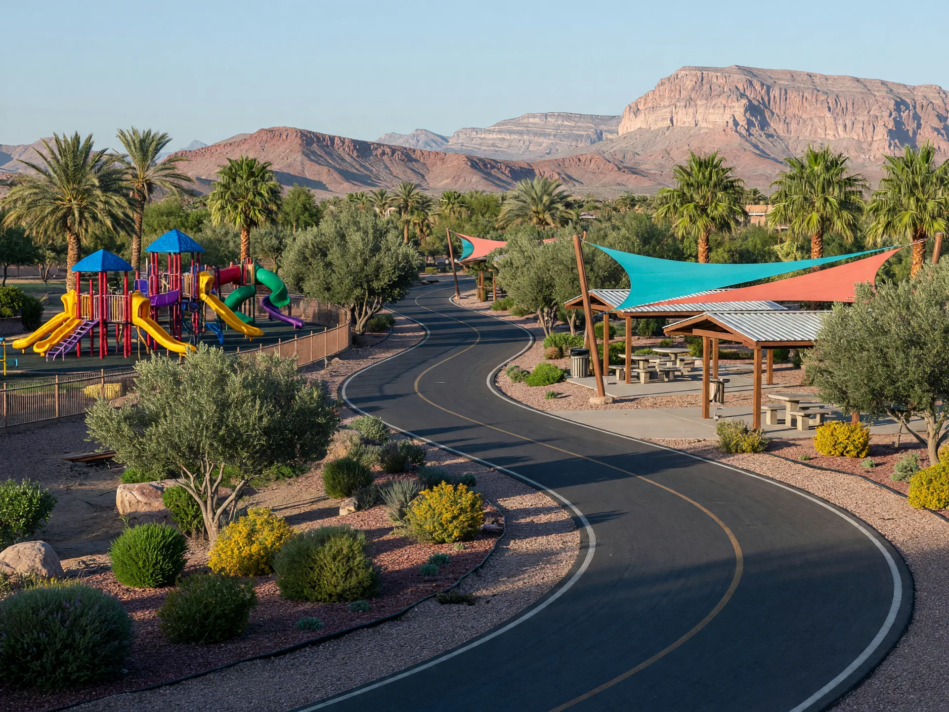 Paved walking and biking trail winding through a landscaped desert park with red rock mountains on the horizon