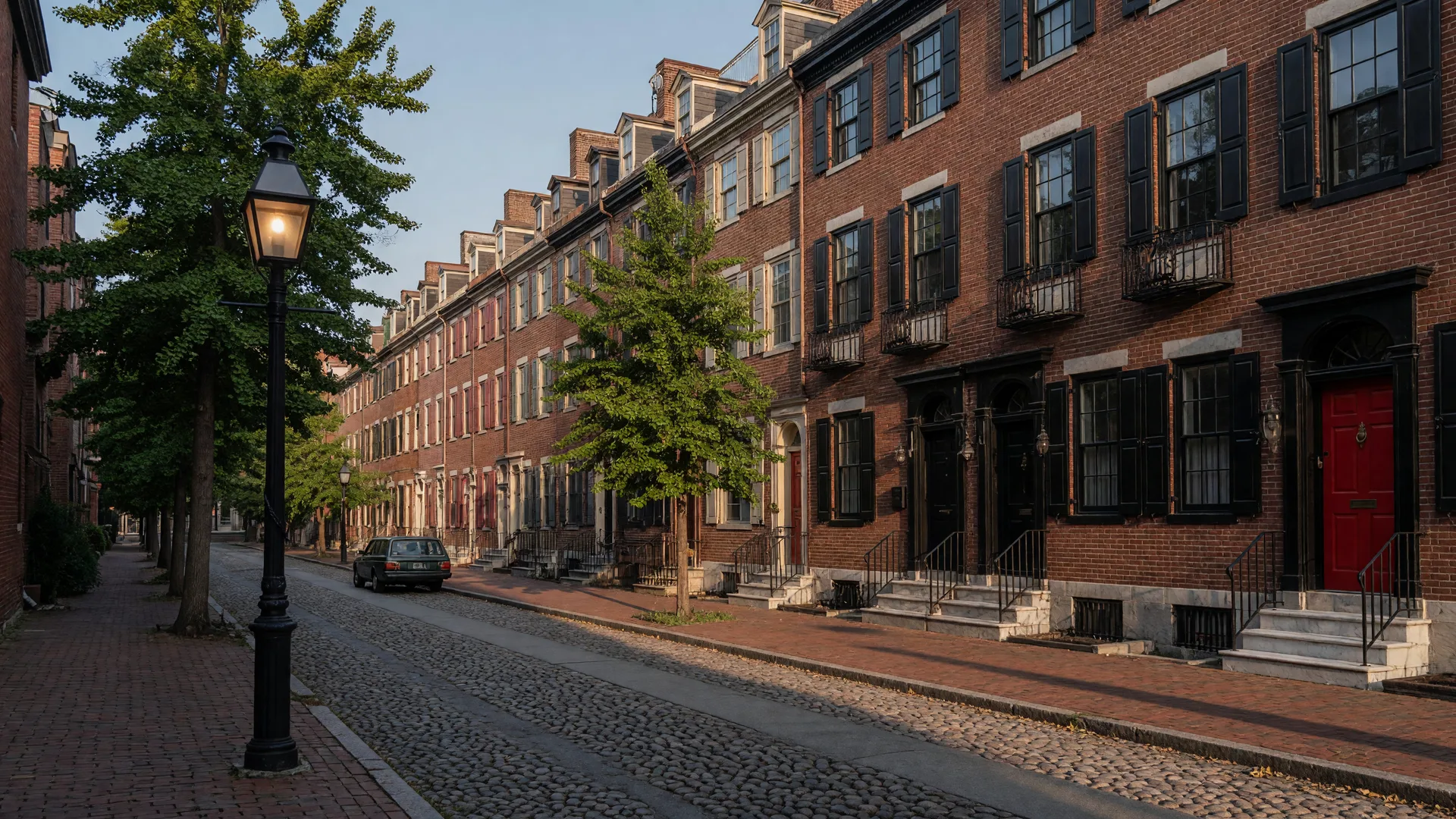 Society Hill historic brick rowhomes with gas lamps and cobblestone street in Philadelphia