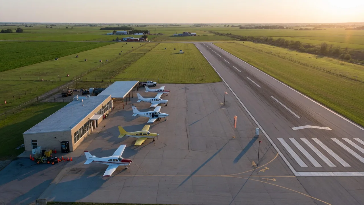 Aerial drone view of Cox Field Airport in Paris, Texas with runway, terminal building, and surrounding farmland