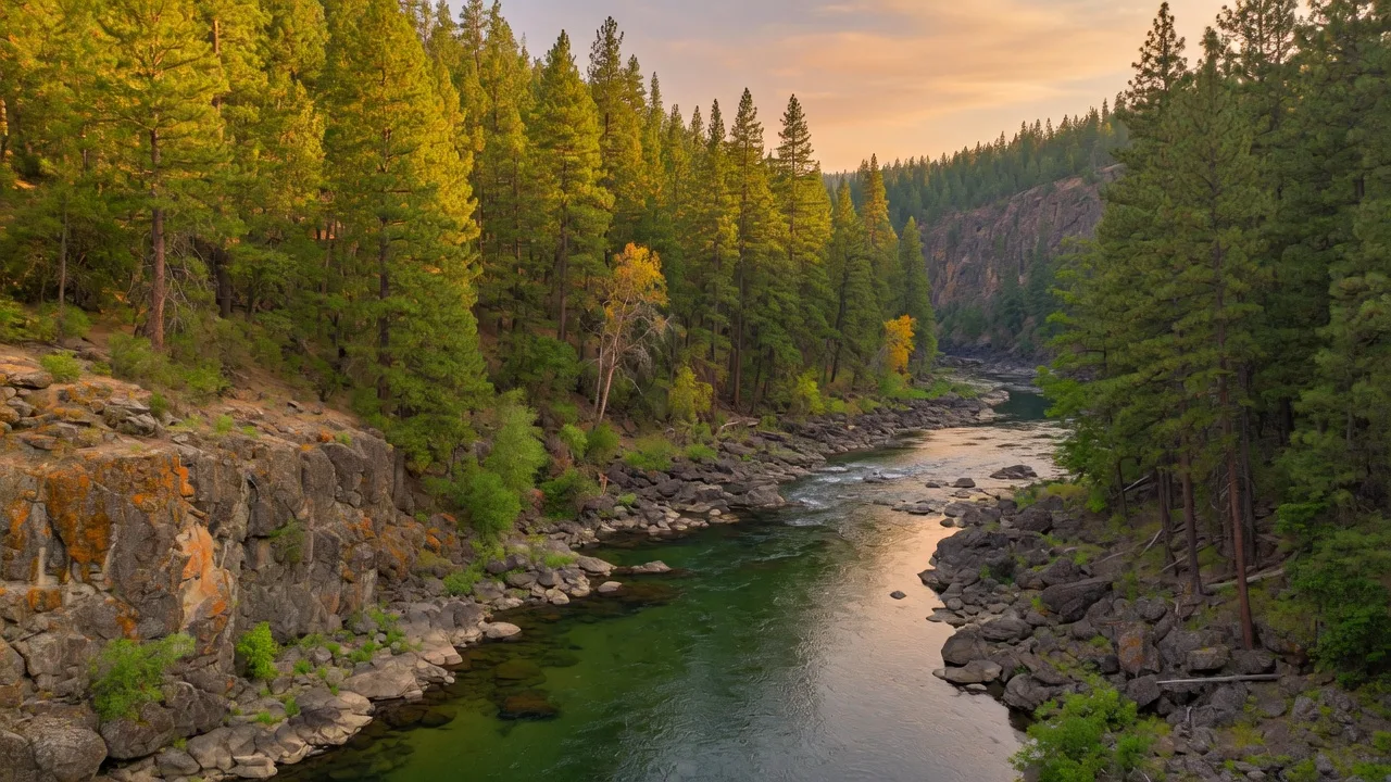 The Rogue River flowing through a forested canyon in Southern Oregon